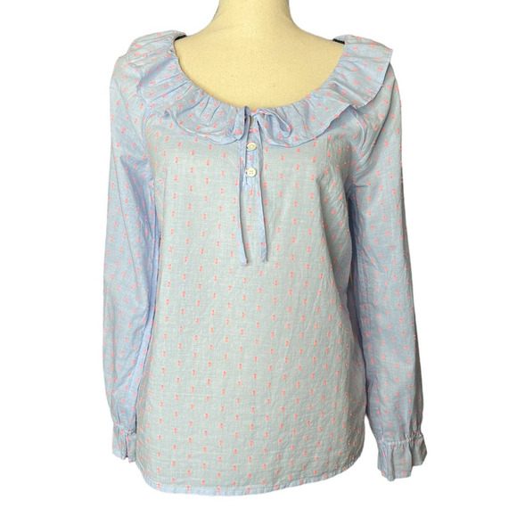 J. Crew Women's Blouse Size XS in Blue w/Raised Pink details Ruffled Neckline - Picture 1 of 6
